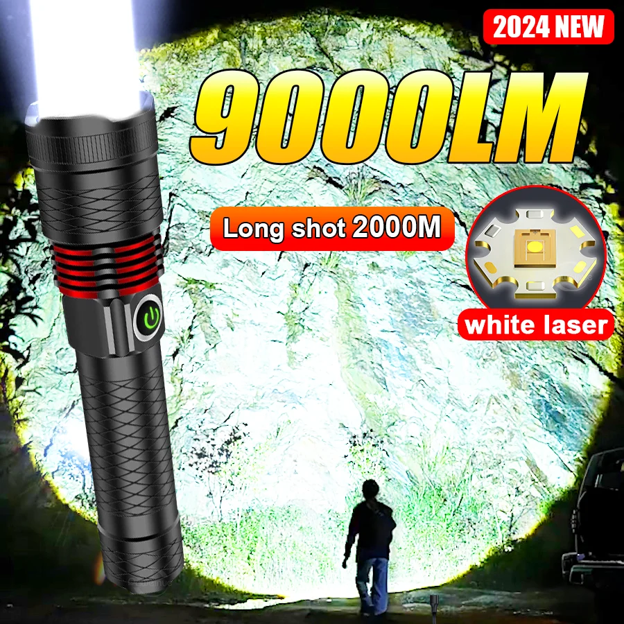 2024 9000LM Super Bright Flashlight 18650 Rechargeable LED Flashlights Lamp 2000m Long Range Powerful Lantern Camping Torch