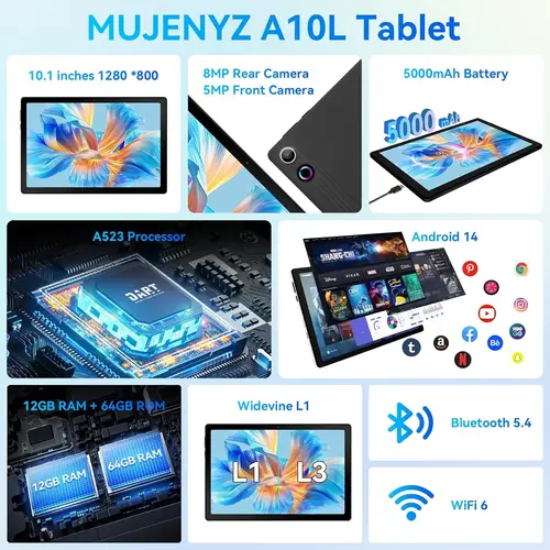 Imagen 2 del producto URAO A10L Android 14 Tablet 10,1 pulgadas 12GB RAM 64GB ROM Octa-Core 5G WiFi con teclado ratón táctil lápiz auriculares funda tableta Kit