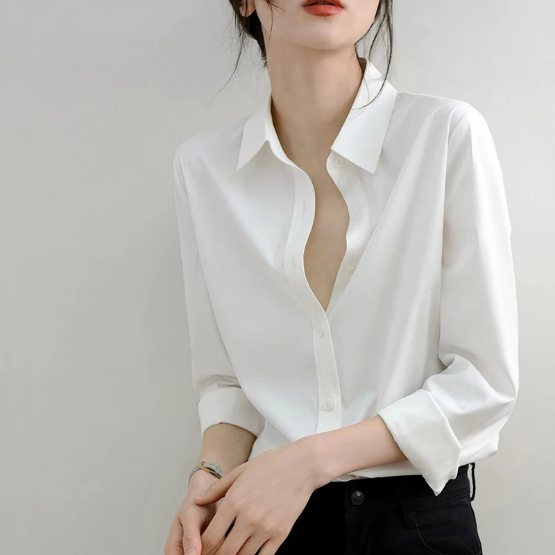 Camicetta da donna elegante bianca con colletto rovesciato primavera autunno nuove camicie da ufficio larghe casual monopetto stile francese femminile