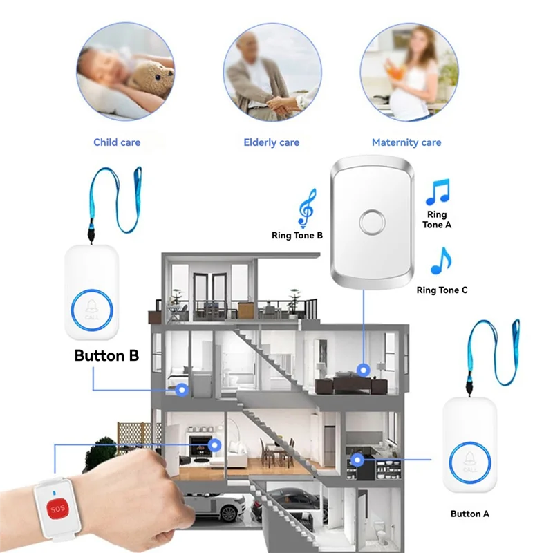 Durable-Wireless Emergency Pager Watch And Call Button With EU Plug - Ideal For Patients And Kids,Wireless Emergency Pager Watch
