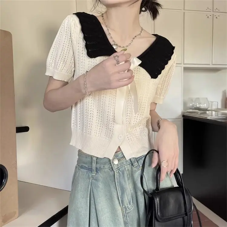 Doll Neck Hollow Short Sleeve Knitted Cardigan for Women Sweet Wood Ear Lapel Short College Style Top