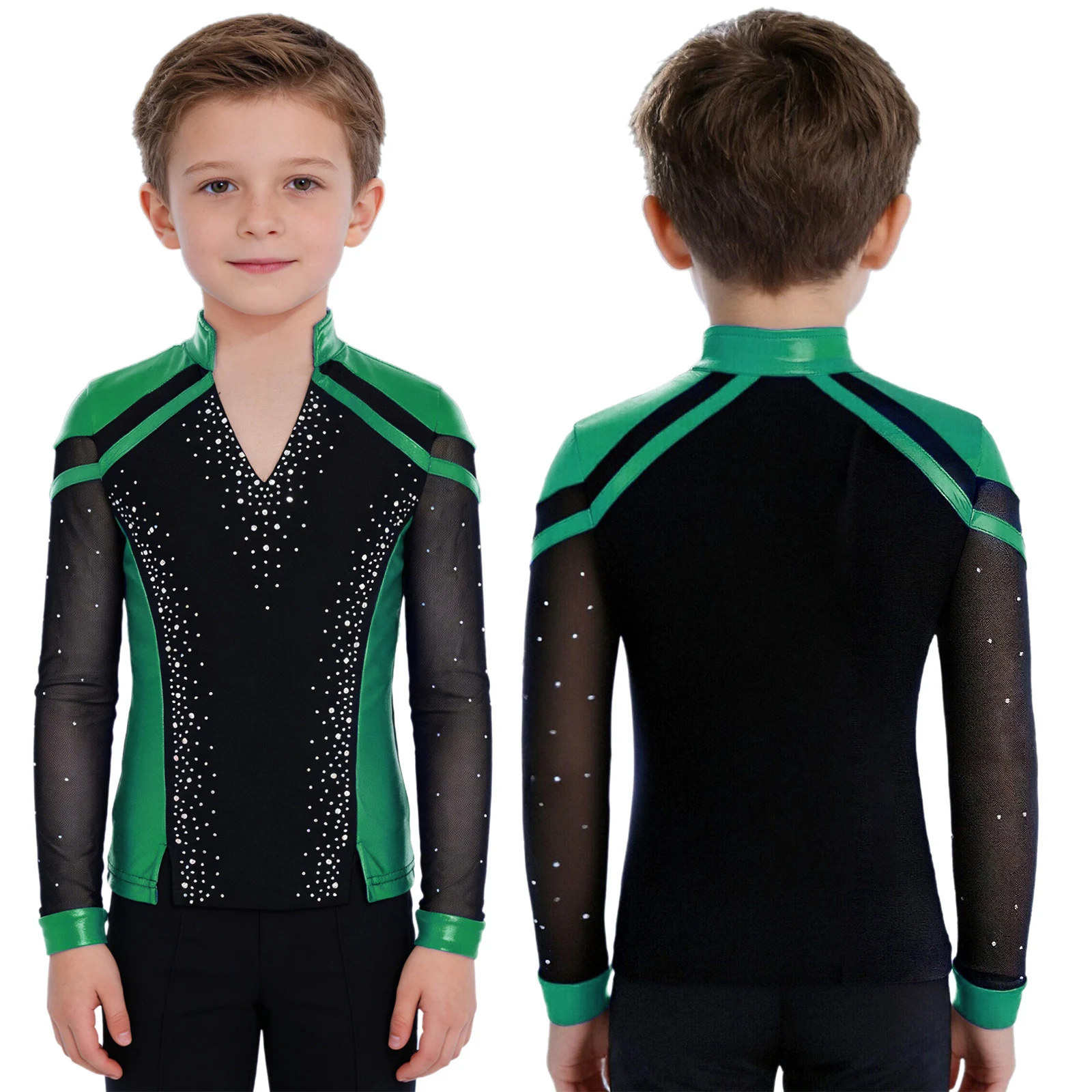Kid Boys Figure Skating Dance Tops for Jazz Ballet Gymnastics Competition Performance Costume Mesh Long Sleeve Rhinestones Shirt image 3