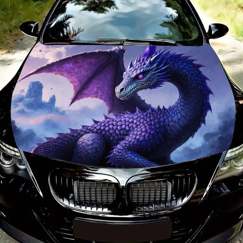 

Noble purple and blue dragon pattern hood sticker, scaly body with spiked protrusions, giant membrane wings, hazy and