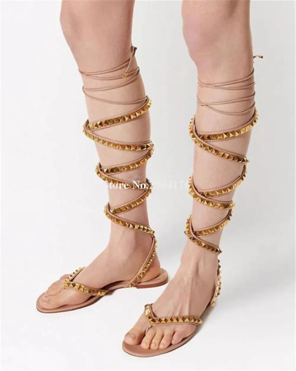 Gold Metal Rivets Knee High Flat Gladiator Boots Open Toe Nude Black Straps Cross Spikes Long Sandals