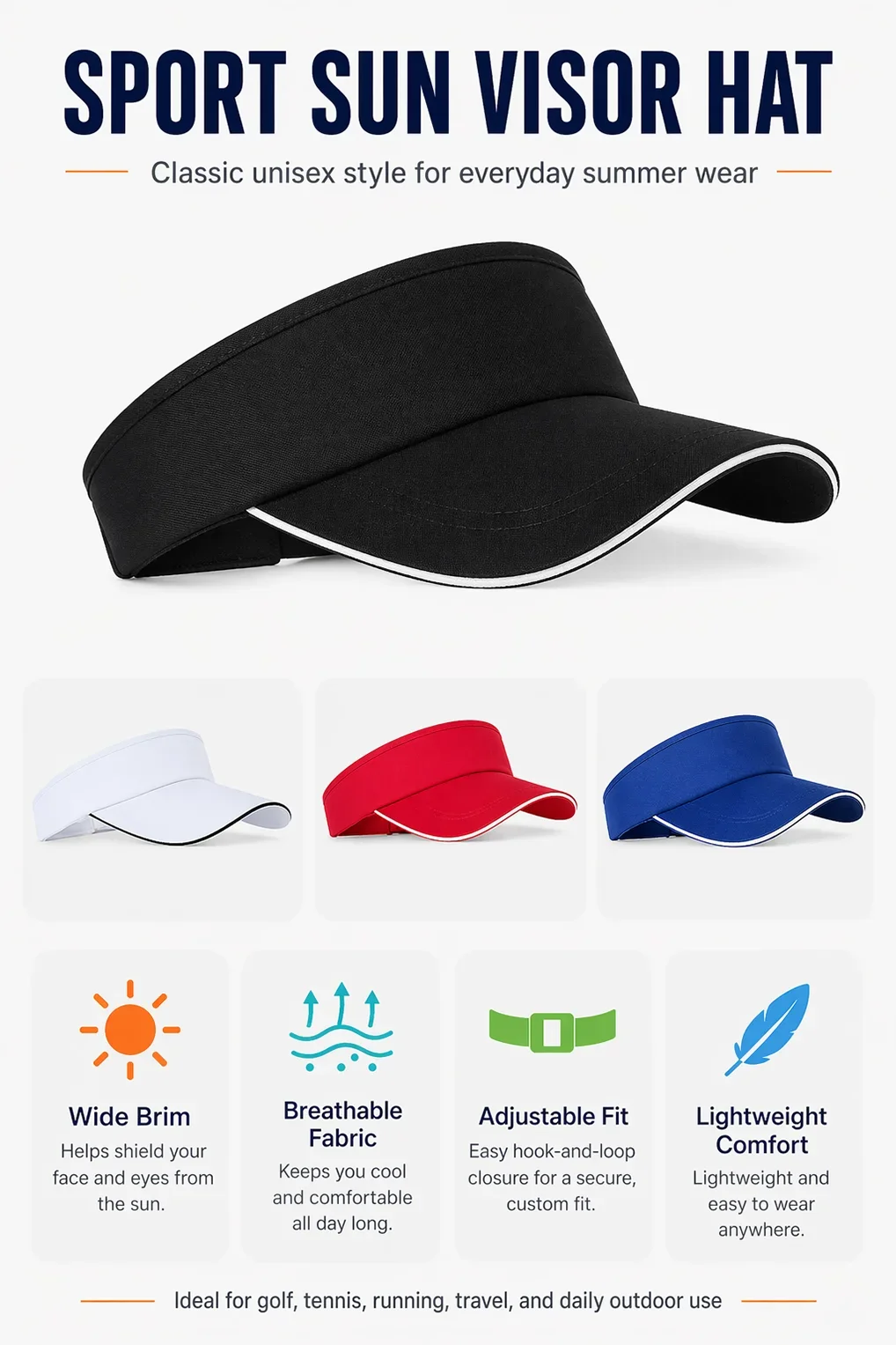 Verstellbare Sport-Sonnenblende für Damen und Herren, einfarbig, atmungsaktiv, mit breiter Krempe, Sommerkappe für Golf, Tennis, Laufen, Strand und Outdoor-Aktivitäten. – Detail 5