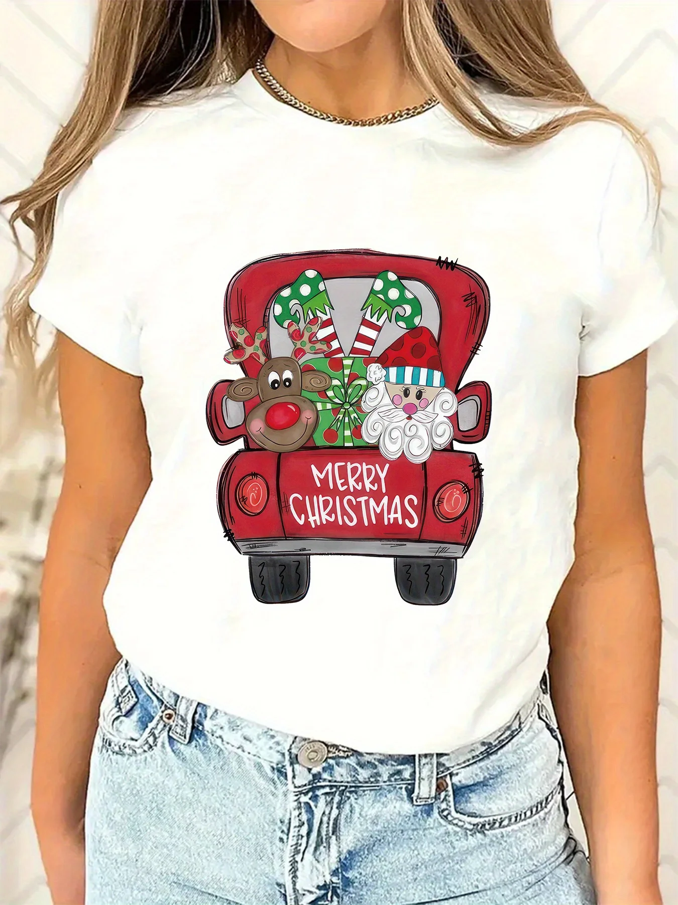 تي شيرت برسومات سيارة عيد الميلاد المجيد الاحتفالي للنساء - 100%، رقبة دائرية، بلوزة كاجوال بأكمام قصيرة مع طباعة للعطلات، مثالية