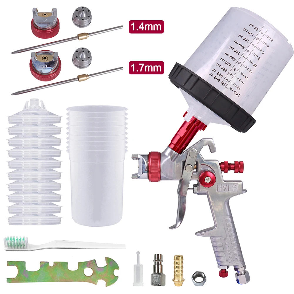 H827 1.4/1.7/2.0mm HVLP Spray Gun Gravity Feed Airbrush Kit With Disposable Measuring Cup+Adapter For Car Furniture Painting