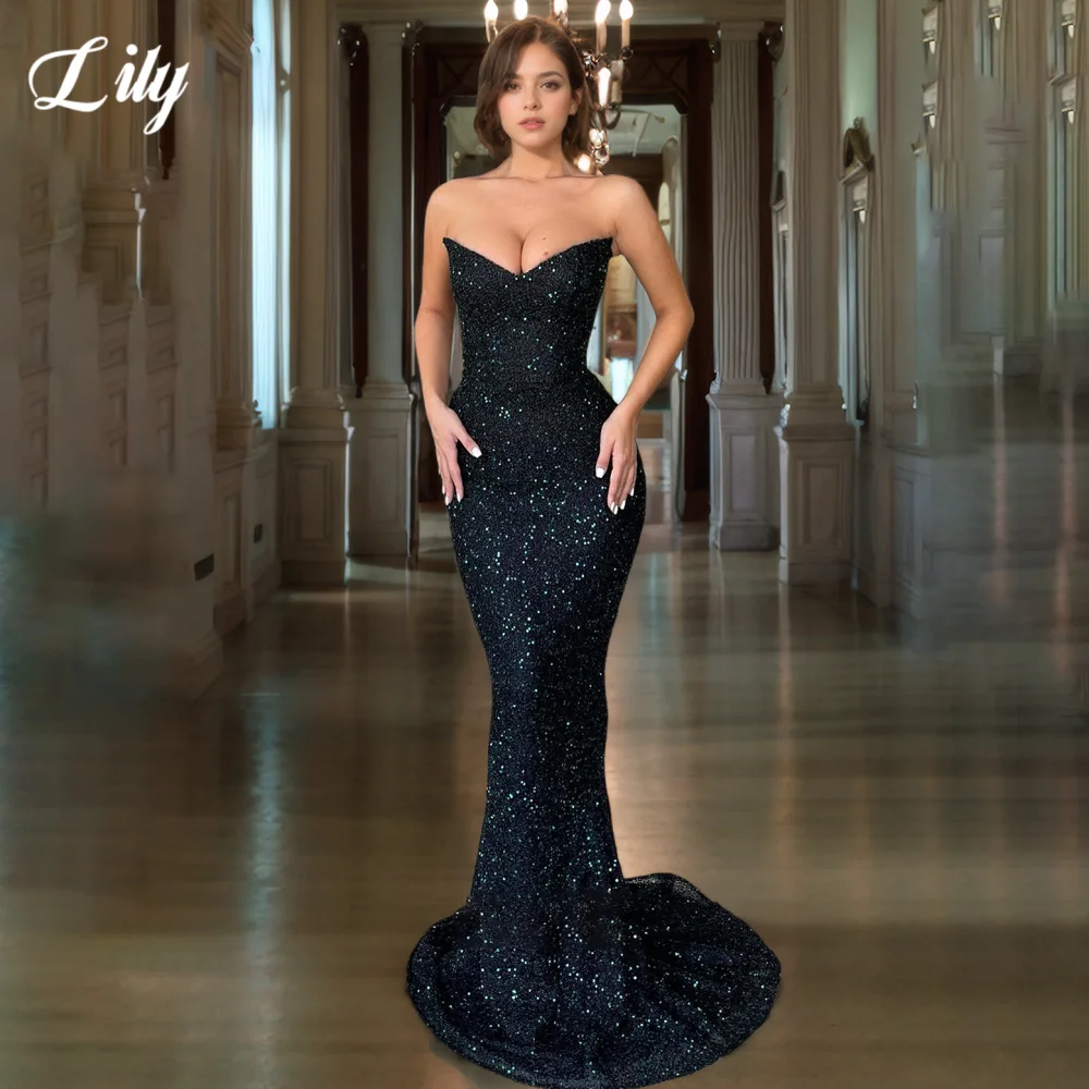 

Lily Black Sexy Prom Dresses Sweetheart Sleeveless Backless Prom Gown Shiny Sequins Mermaid Evening Dresses for Woman Customized