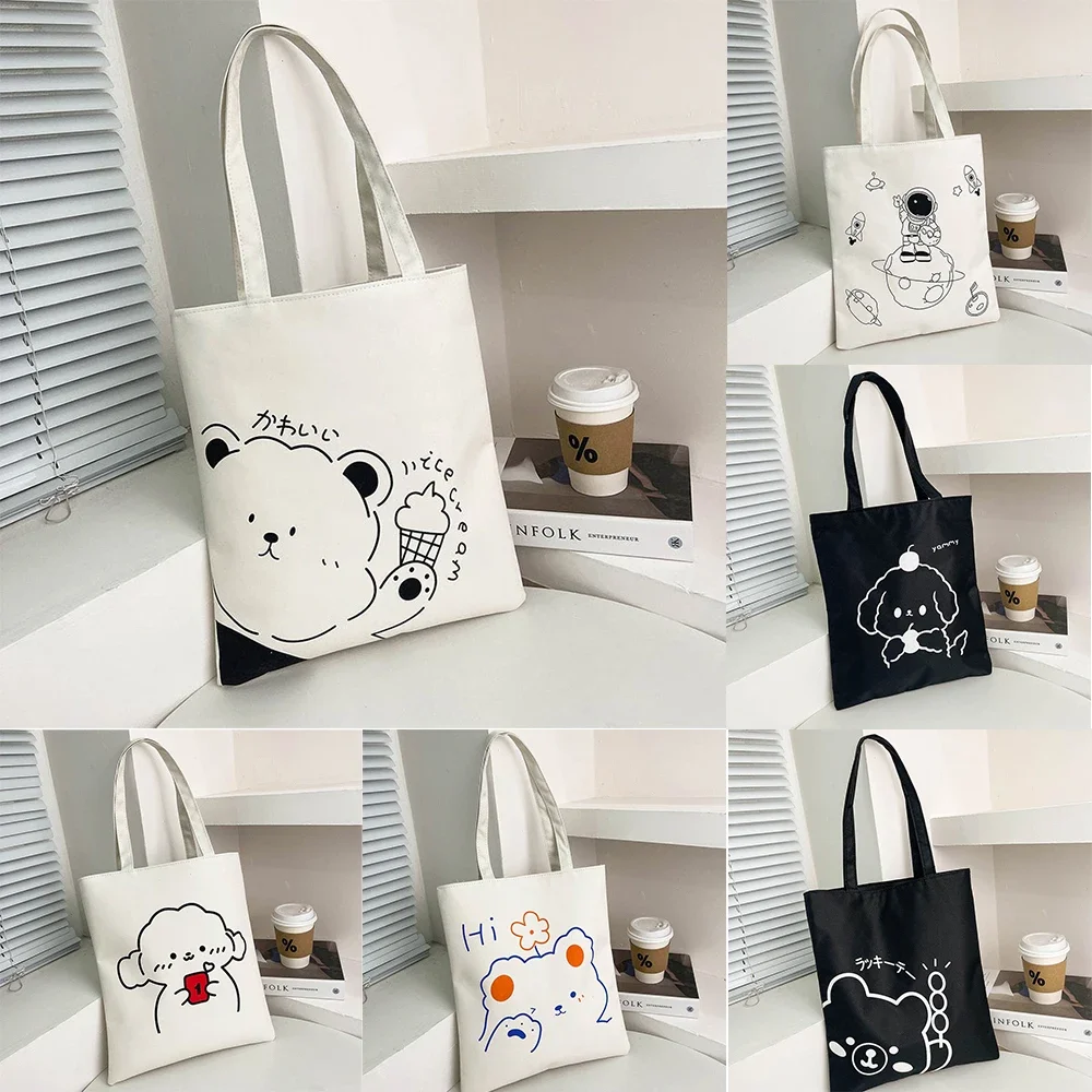 

Cute Cartoon Animal Print Canvas Tote Bag Women Casual Shopping Bag Handbag Shoulder Bag For Daily Use