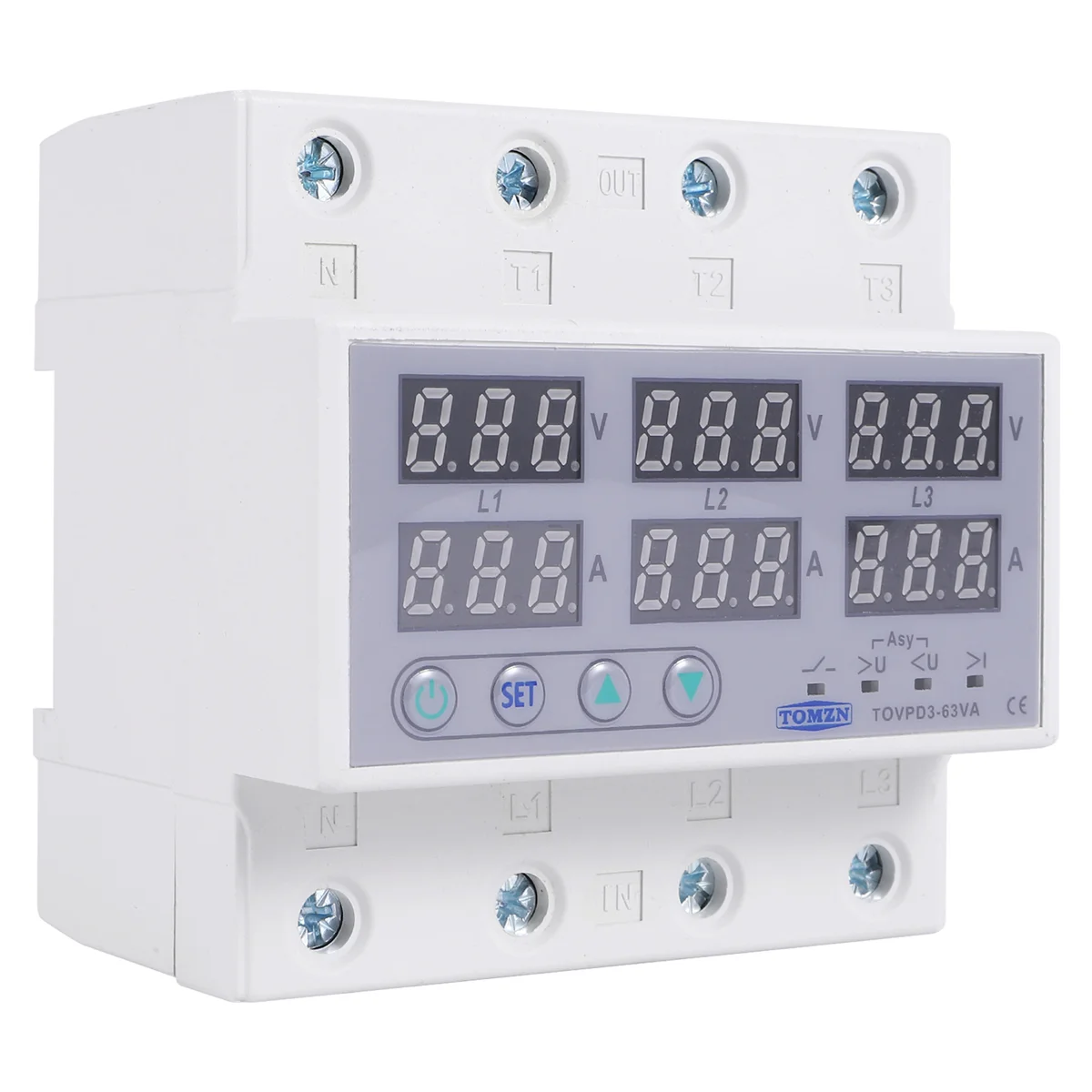 Din Rail 3 Phase Voltage Relay 380V Voltmeter Ammeter over and Under Voltage Monitor Relays Protector Adjust Current 63A