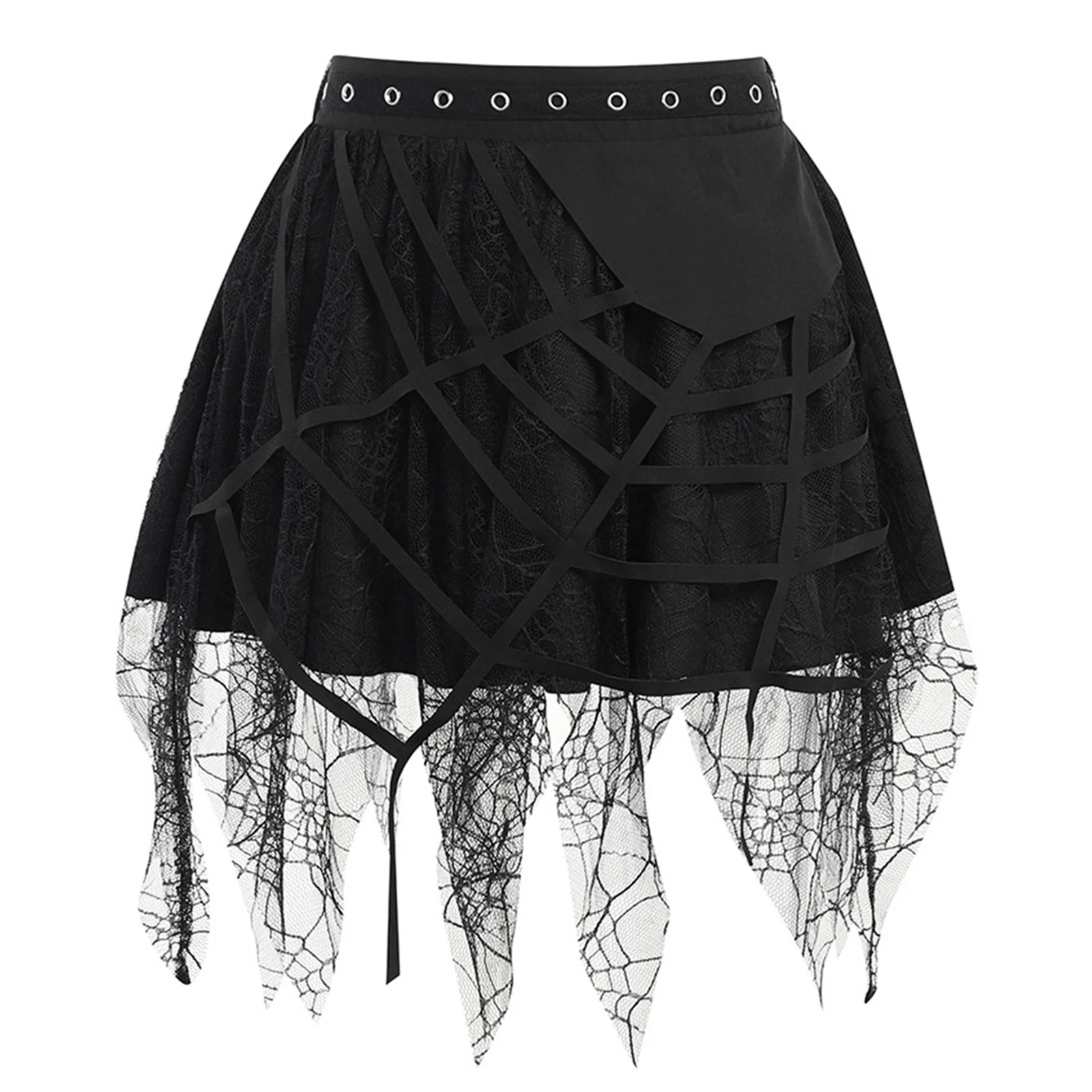 

Women Black Gothic Skirt Hollow Cobweb Lace Eyelets Waist A-line Skirt Elastic Waist Tiered Skirt Halloween Steampunk Costume