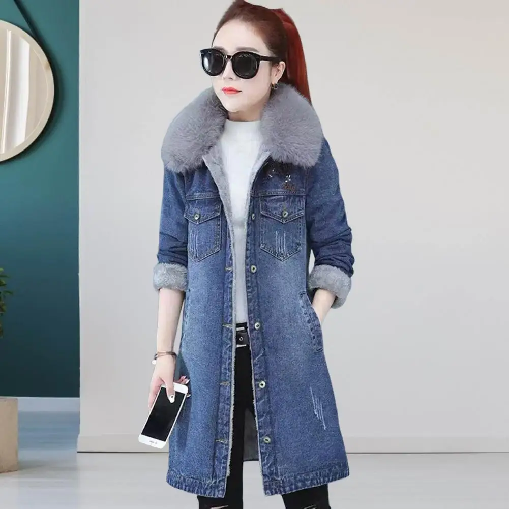 Cappotto invernale in pile di jeans da donna collo grande peloso tasche con patta di media lunghezza Cardigan caldo e spesso giacche Casual da donna