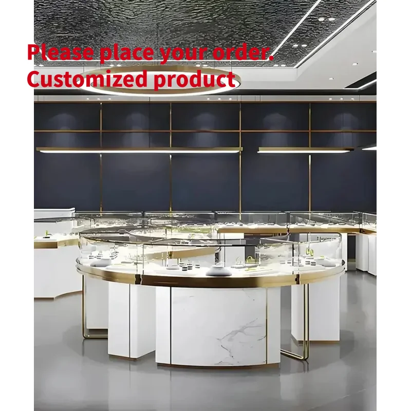custom.Luxury Circular Jewelry Display Island Counter White Marble Gold Stainless Steel Showcase
