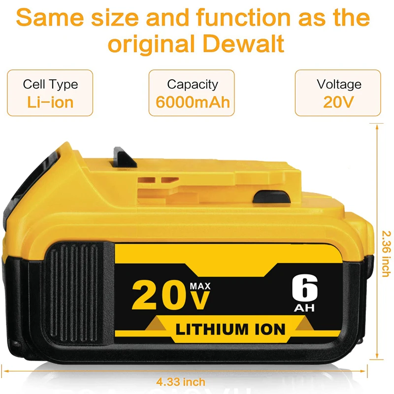 20V 5.0Ah 6.0Ah Replacement DCB200 for DeWalt DCB185 DCB203 DCB206 DCB181 DCB184 Rechargeable Lithium Battery 18V Power Tools