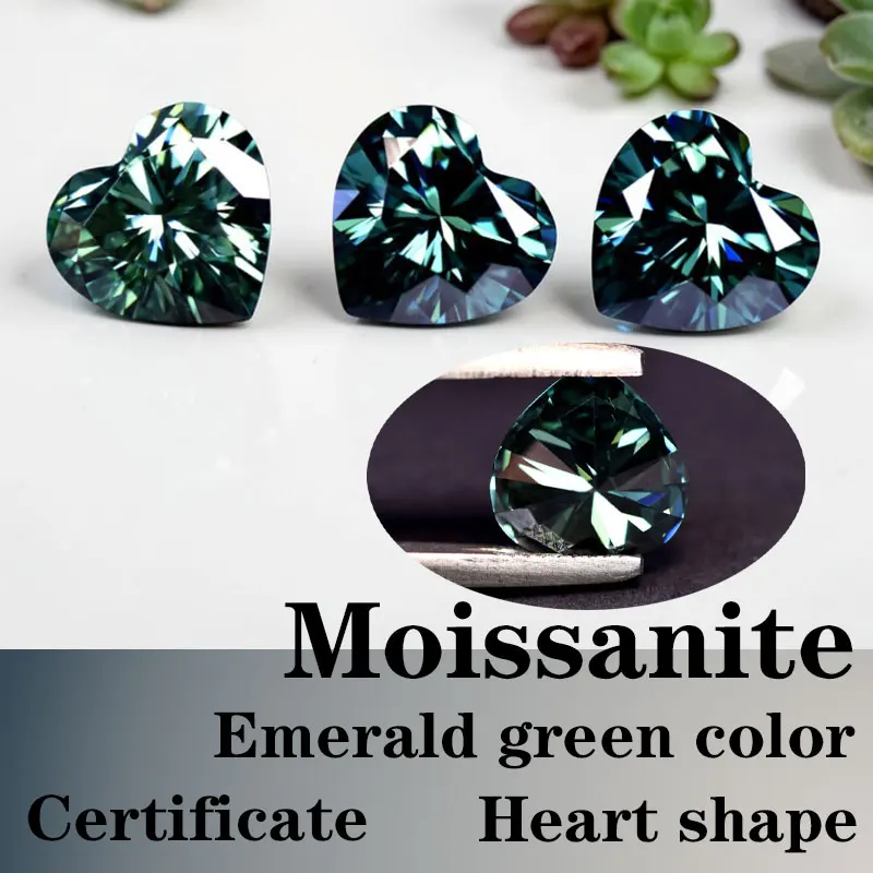 Moissanite Heart Cut VVS1 Synthetic Gemstone Emerald Green Color with Certificate Wholesale