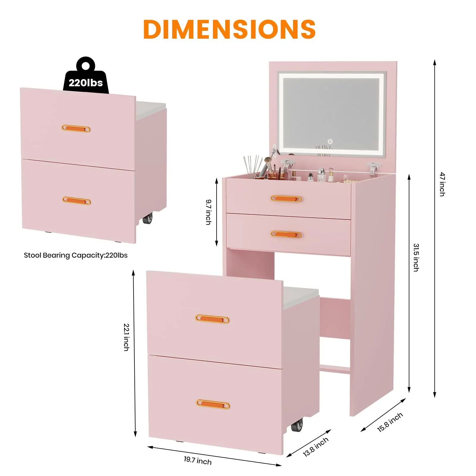 Kleine make-uptafel met spiegel en verlichting, 3-in-1 compacte kaptafelset, nachtkastje, kaptafel met verstelbare 3-lichtsverlichting