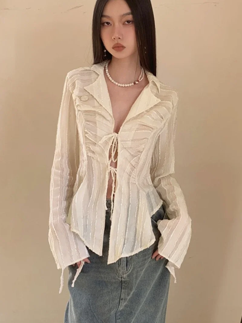 Fairycore Lace Up Blouse Women Long Sleeve Spring 2024 New Turn-down Collar Women Shirt Ladies Tops Korean Fashion