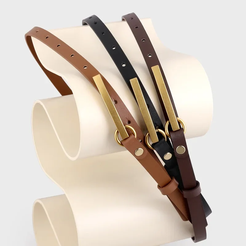 Women Fashion Genuine Leather Retro Gold Long Plate Buckle Belt Designer Cowhide Waistband with High-grade Gold Color Button