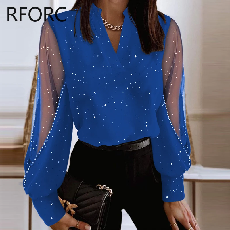 2023 Women Glitter V Neck Contrast Mesh Patch Rhinestone Long Sleeves Casual Blouse Top