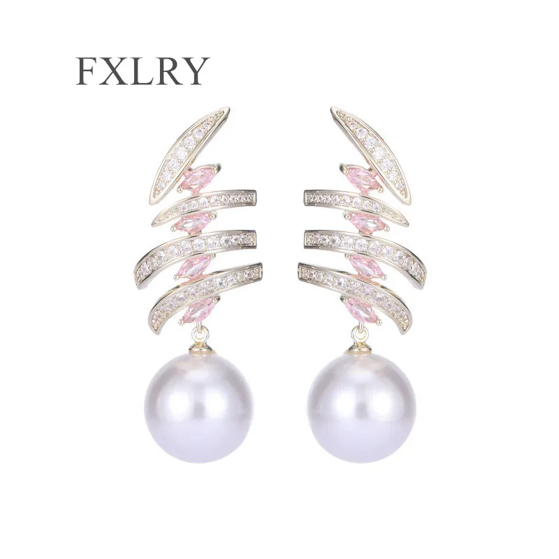 FXLRY Gorgeous Micro Inlaid Zircon Multi-layer Geometric Line Pearl Earrings For Women Fashion Party Jewelry