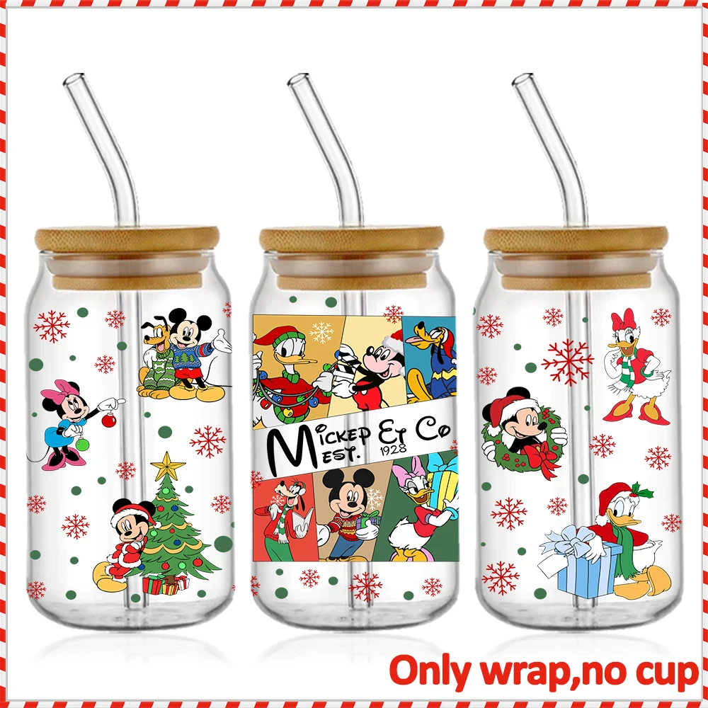 Mickey Christmas 16oz UV DTF Cup Wrap Libbey Glass Plastica Birra Can Tumbler Adesivi per trasferimento Adesivo permanente impermeabile