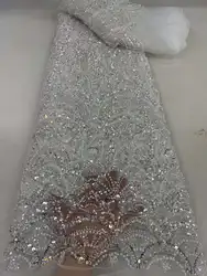 Tessuto di pizzo di perline fatto a mano pesante africano di lusso bianco 2024 di alta qualità 5 yarde paillettes pizzo di perline di Tulle francese per la festa di nozze