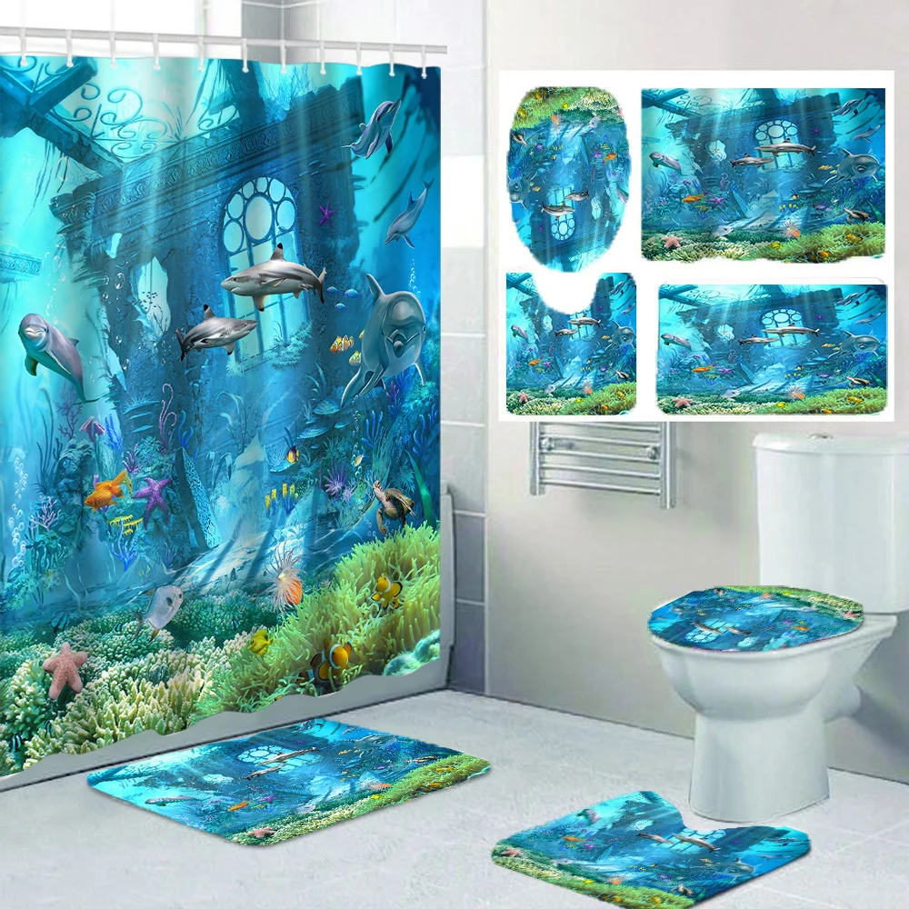 1/4 marine organism shower Curtains, Toilet Seat Decoration, Shower Curtain with Carpet and Toilet Lid, 12 70.8x70.8 inch Hooks