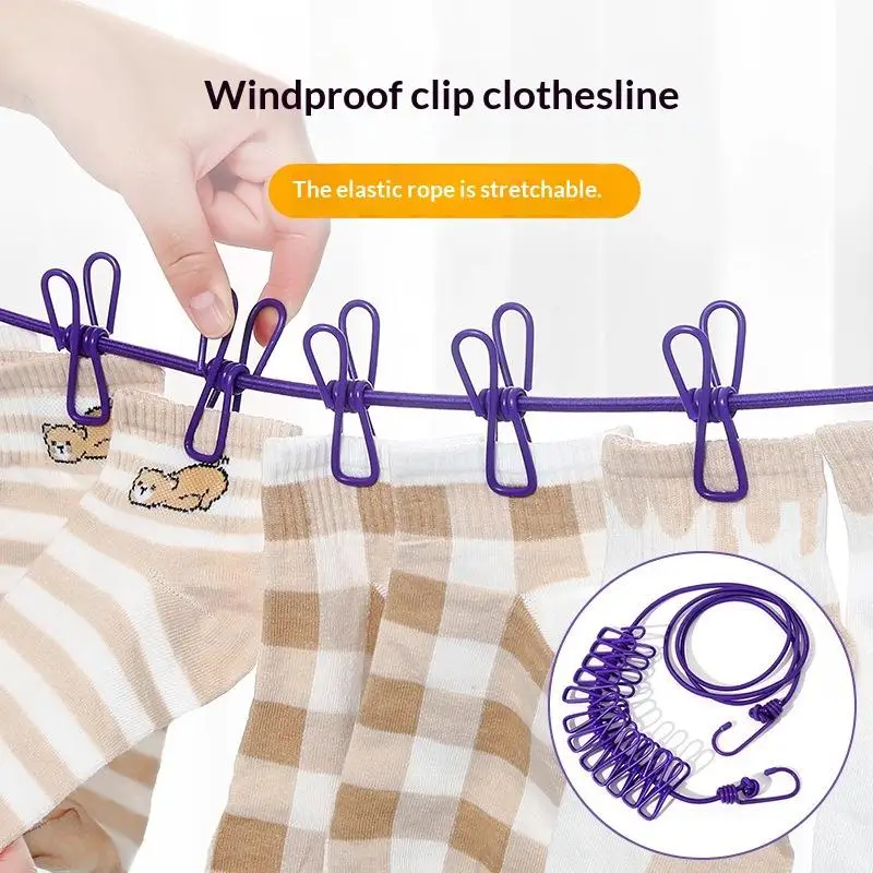 * 12 rutschfeste Clips, winddichte, elastische Reise-Wäscheleine mit Haken für Outdoor-Camping, Strand, Wohnheim, Wohnmobil, tragbare Trocknungswerkzeuge