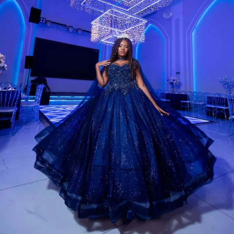 

Shiny Dark Blue Quinceanera Dresses off-shoulder Glitter Crystal Decal Layering Long tail Vestido De 15 Quinceanera Customize