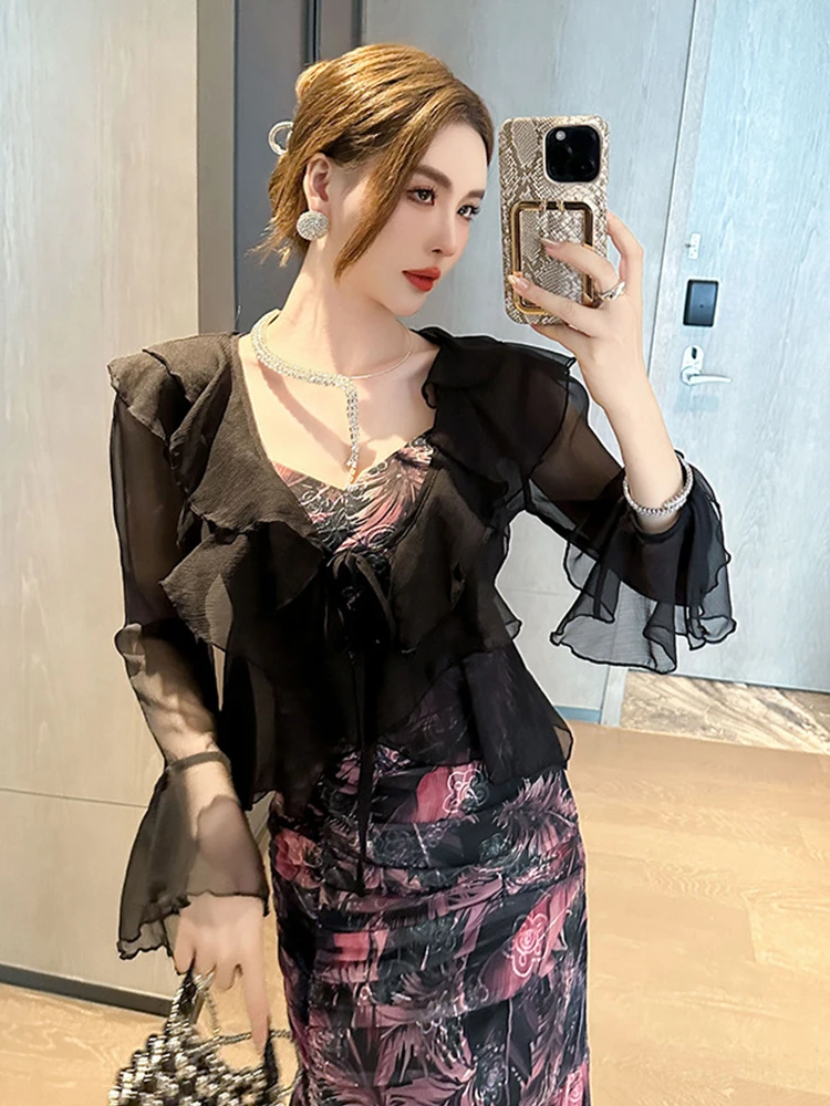 New Summer Fashion Elegant Chiffon Sheer Black Short Shirt Women Cardigan Sweet Ruffle Flare Sleeve Tops Lace-up Slim Femme Coat