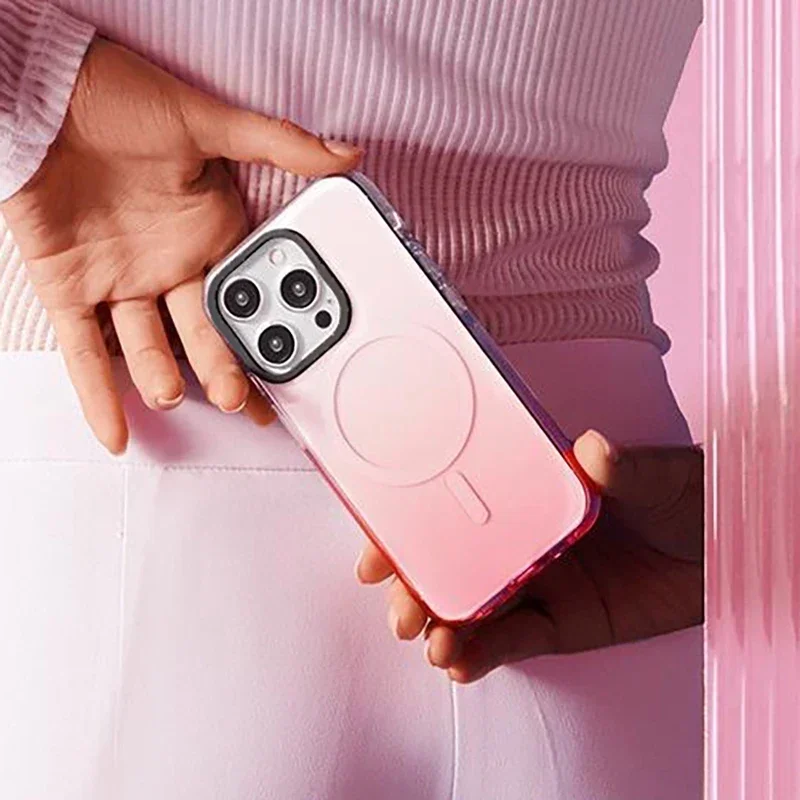 Gradient Pink Transparent Border iPhone 13 14 15 Pro Max Case - Protective iPhone Case with MagSafe