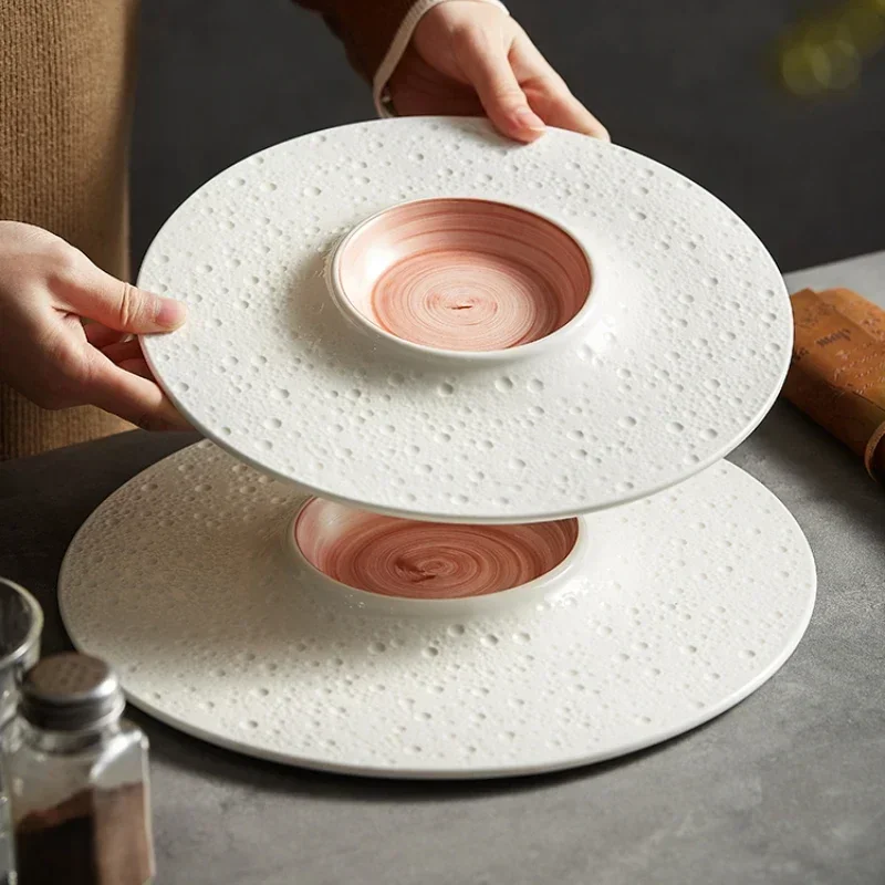 Round Fire-like Ceramic Dinner Shanxi Plate Rain Plate Order Western Food Hotel Plate Qingshe Club Desktop Baitai Tableware