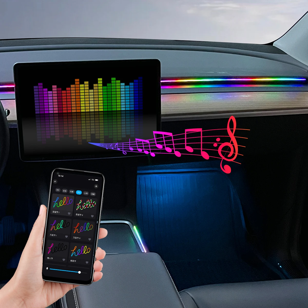 RGB USB Car Interior Ambient Light Rainbow Acrylic Strip LED Symphony APP Music Control Decorative Dashboard Atmosphere Lamp