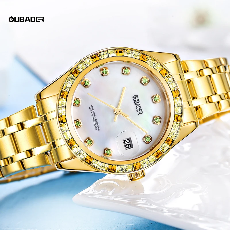 OUBAOER Elegant Diamond Women's Watch Calendar Waterproof Stainles Steel Ladies Hand Clock Luxury Brand Quartz Watch for Women