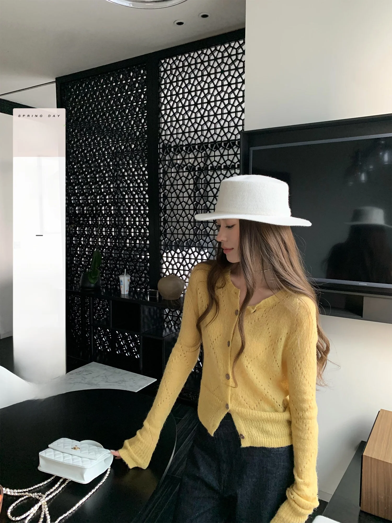 

Hhi Women's Knitted Open Cardigan Hollow out Soft Me Casual Sle Long Sve round Ne Spring Faion Slimming Top