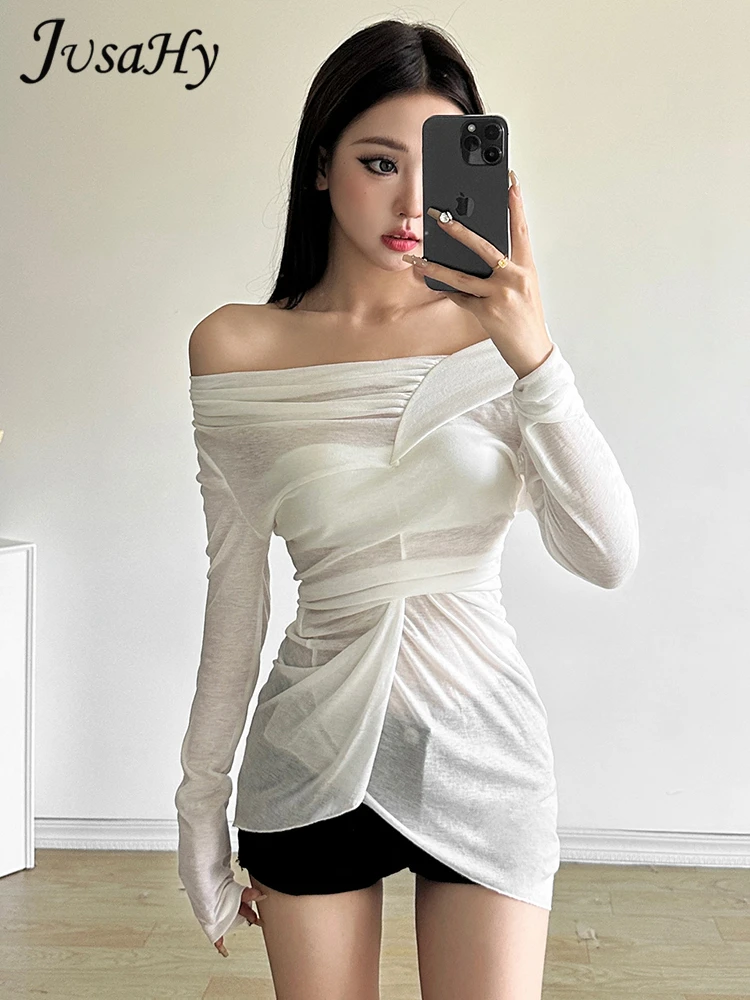 Jusahy Summer Release Junior Above Knee Mini Sexy High Street Shirt K24L52563 Girl Solid Transparent Knit Long Sleeve T-shirt