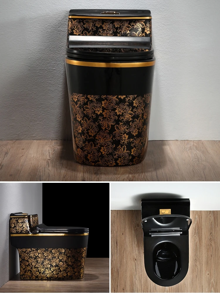 مرحاض منزلي سيفون لون ذهبي أسود فاخر جديد صيني ريترو ضخ شخصية مقعد سيراميك إبداعي #3