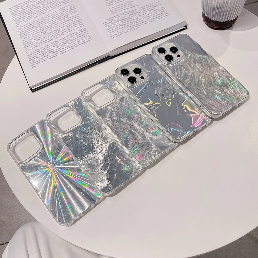 حافظة هاتف ملونة انبهار بالليزر لهاتف آيفون 16 15 14 13 برو 12 11 ماكس تموج الماء 16 برو 17 برو 15 برو حافظة هاتف صلبة 14 برو ماكس