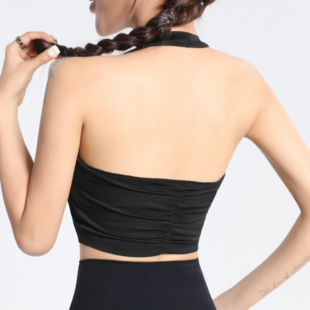 

Элегантный дизайн, спортивный бюстгальтер с подвесным ремешком на шее, плиссированная спина, дышащая ткань, модный плиссированный бюстгальтер, сейсмостойкий