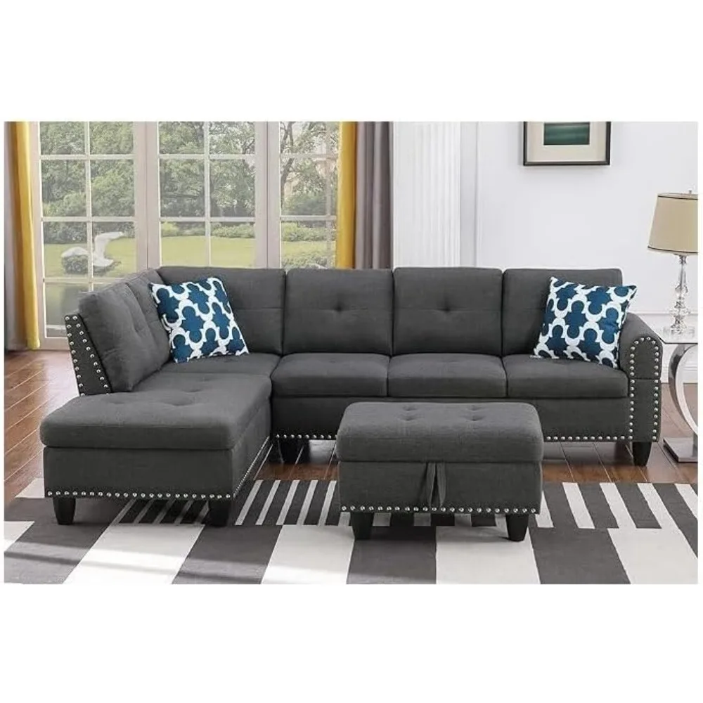 Sophisticated Simplicity Sectional Sofa With Ottoman, Living Room Set, Left Facing Chaise, 2 Cup Holders, 2 Throw Pillows