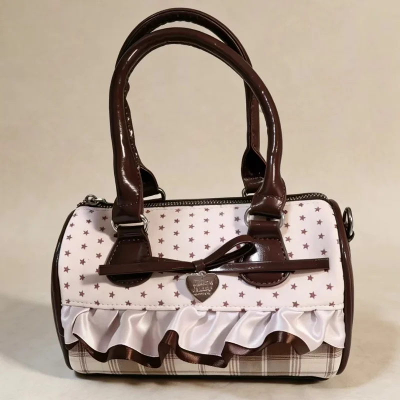Retro Sweetheart Polka Dot & Plaid Hangbag Exquisite Geldbörse mit Schleife Spitzenbesatz, kleine Kissentaschen Braune Kawaii Umhängetasche