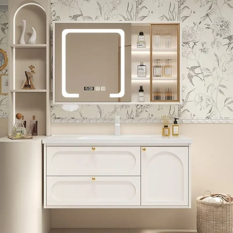 light luxury bathroom cabinet, cream wind solid wood bathroom washstand combination ceramic integrated wash basin cabinet