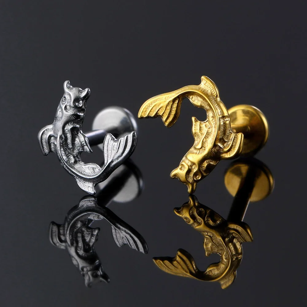 Casvort 1 Stück ASTM F136 Titan Koi-Fisch Labret Piercing Lippen-Nasenring Flacher Ohrstecker Gewindeloser Helix Conch Schmuck – Detail 2