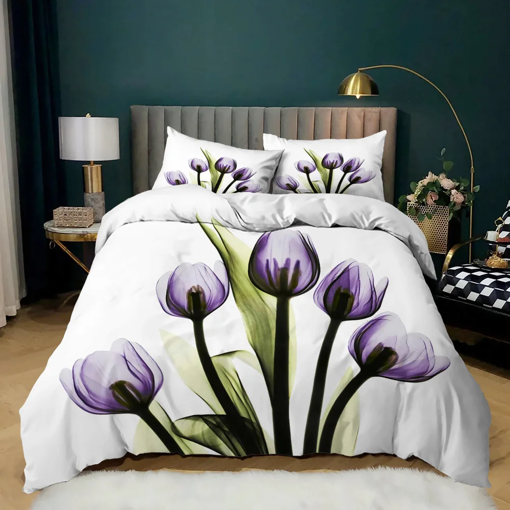 Morning Glory Duvet Cover for Girls Women,Purple Floral with Branch Quilt Cover Set King/Queen Size with Two Pillowcases,White