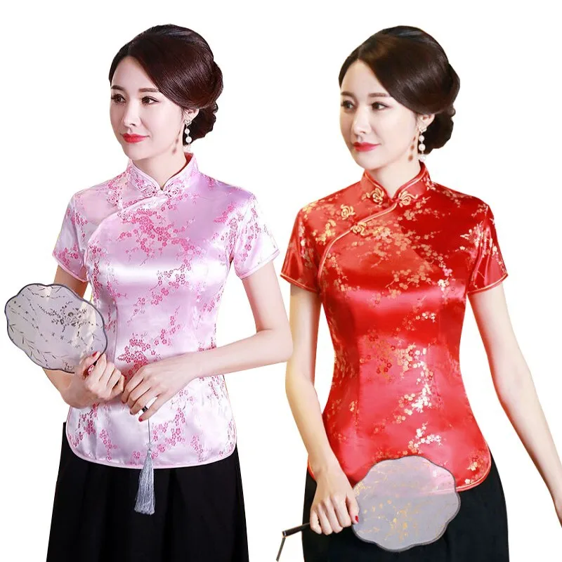 Letnia Koszulka Vintage Cheongsam Top Tee Chiński Strój Tang Damski Hanfu Krótki Rękaw T-Shirt Odzież Damska Bluzki Koszulki