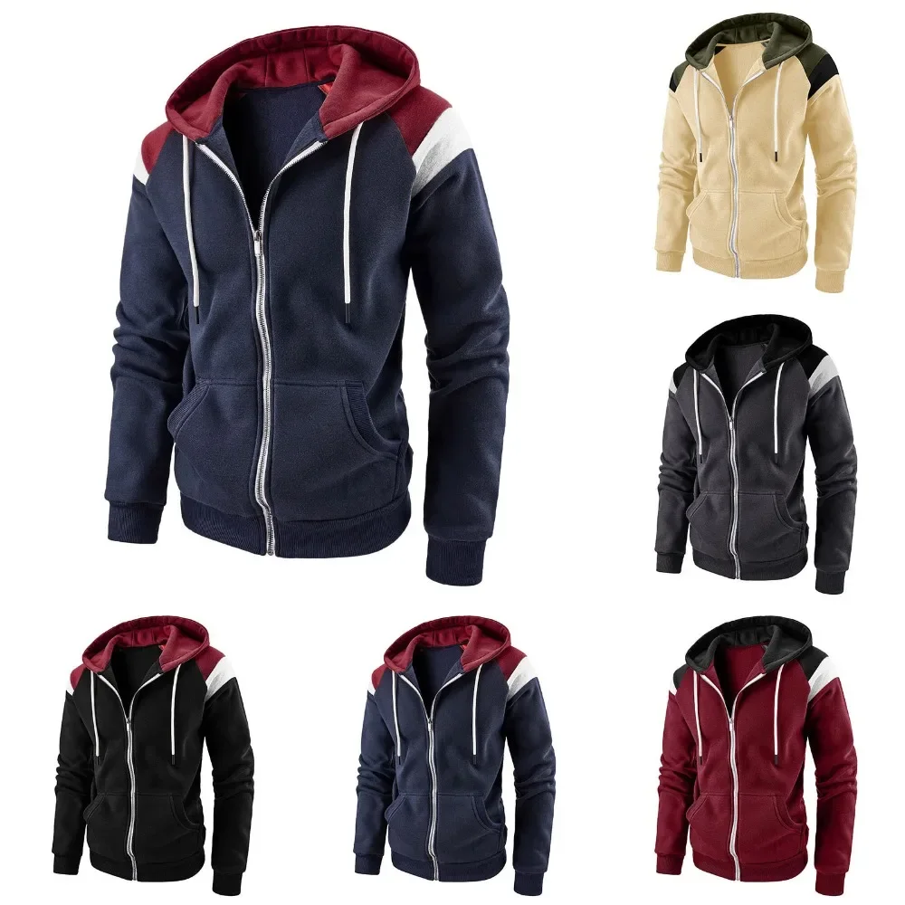 New Men's Colour Blocking Hoodies Fashion Hooded Sweatshirts for Men Casual Sports Tops Hoody Jacket Fleece Streetwear