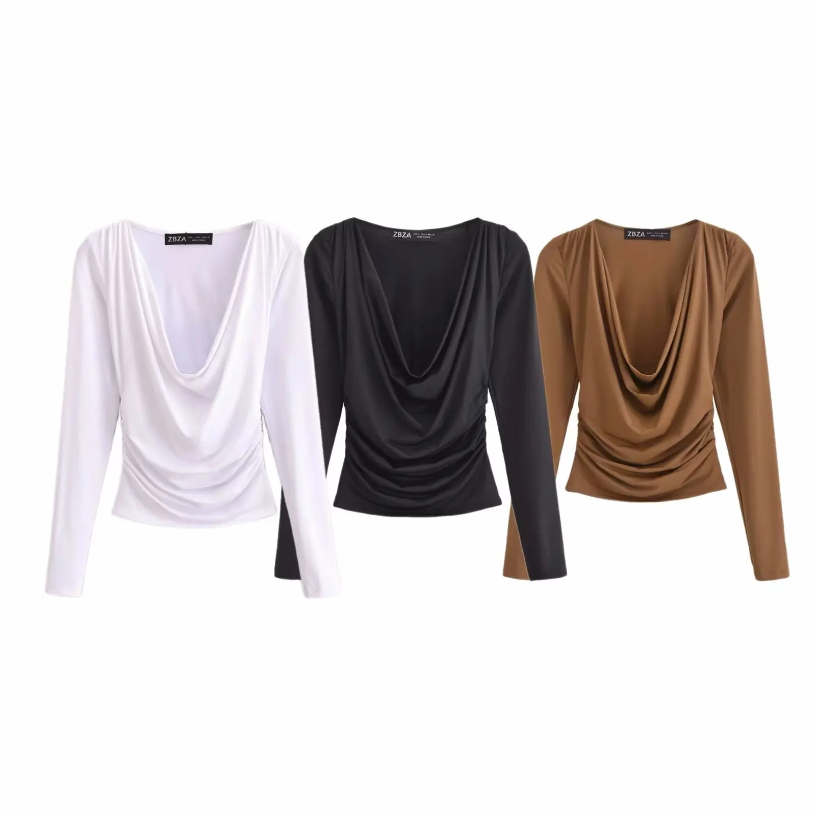 

TRAFZA Базовый стиль Slim Fit Короткий топ для женщин Плиссированный дизайн Женский топ с длинными рукавами Однотонный простой стиль Повседневная уличная одежда