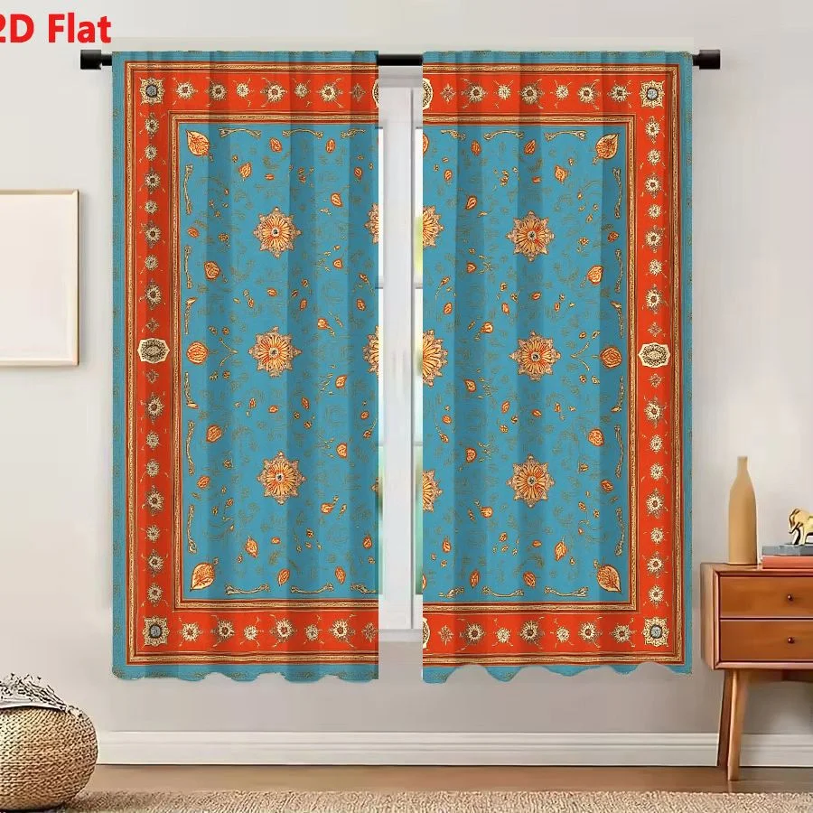 2Pcs Curtains Add 2D Flat Square Teal Blue Handkerchief With Orange Gold Floral Pattern And Terracotta Border Vintage Style Wind