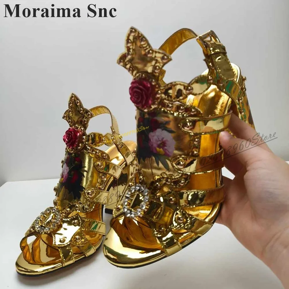 

Court Style Gold Metallic Flower Sandals Chunky High Heel Shoes For Women Ankle Buckle Strap Peep Toe 2024 Zapatos Para Mujere