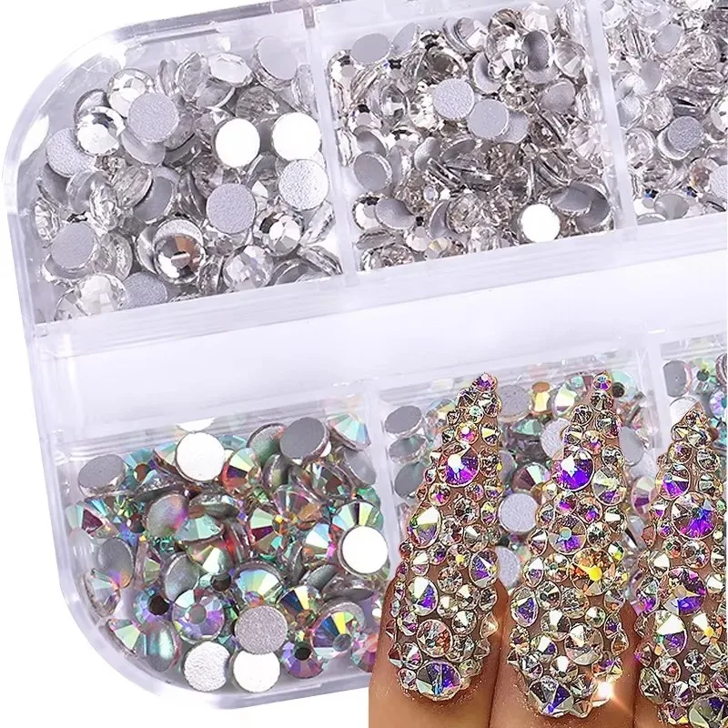 Nail Art Rhinestone 12 Grids Box Nail Beads AB Crystal Flatback Pearl Jewelry Gems with Storage Organizer for Nail Decorations